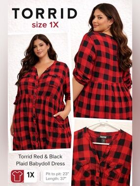 Torrid Red Black Plaid Babydoll Dress 1X Flowy Button Front Fall